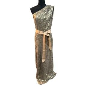 Tadashi Shoji Womens Gown Size 12 Olive Green One Shoulder Sequins Side Zip Belt